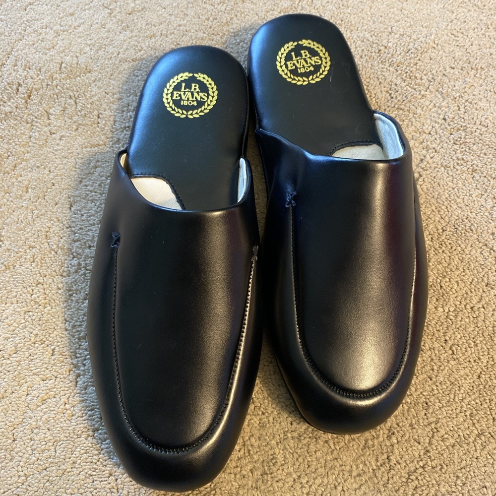 NEW MEN'S L.B. EVANS DUKE SCUFF BLACK LEATHER SLIPPERS SIZE 9.5 EEE COMFY